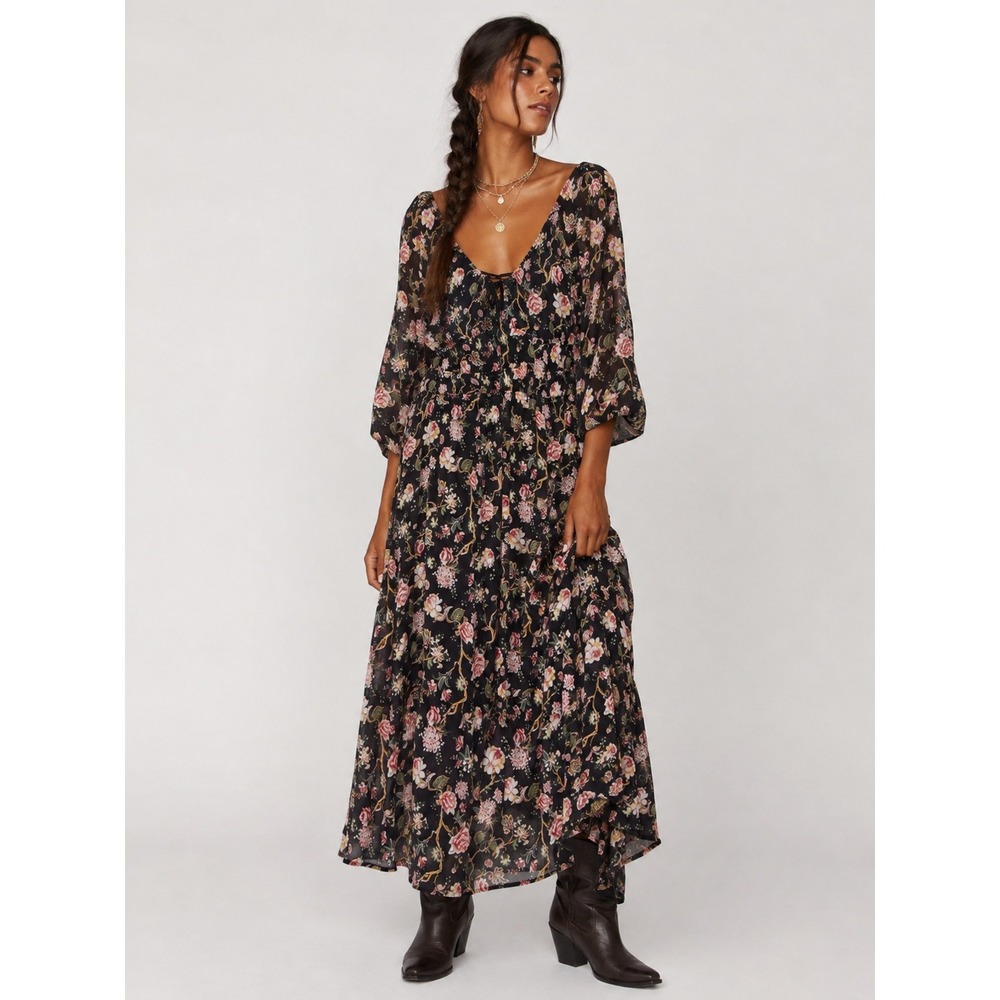 LC Lauren Conrad Floral Maxi Dress Black Pink Metallic Waist XXL NWT New